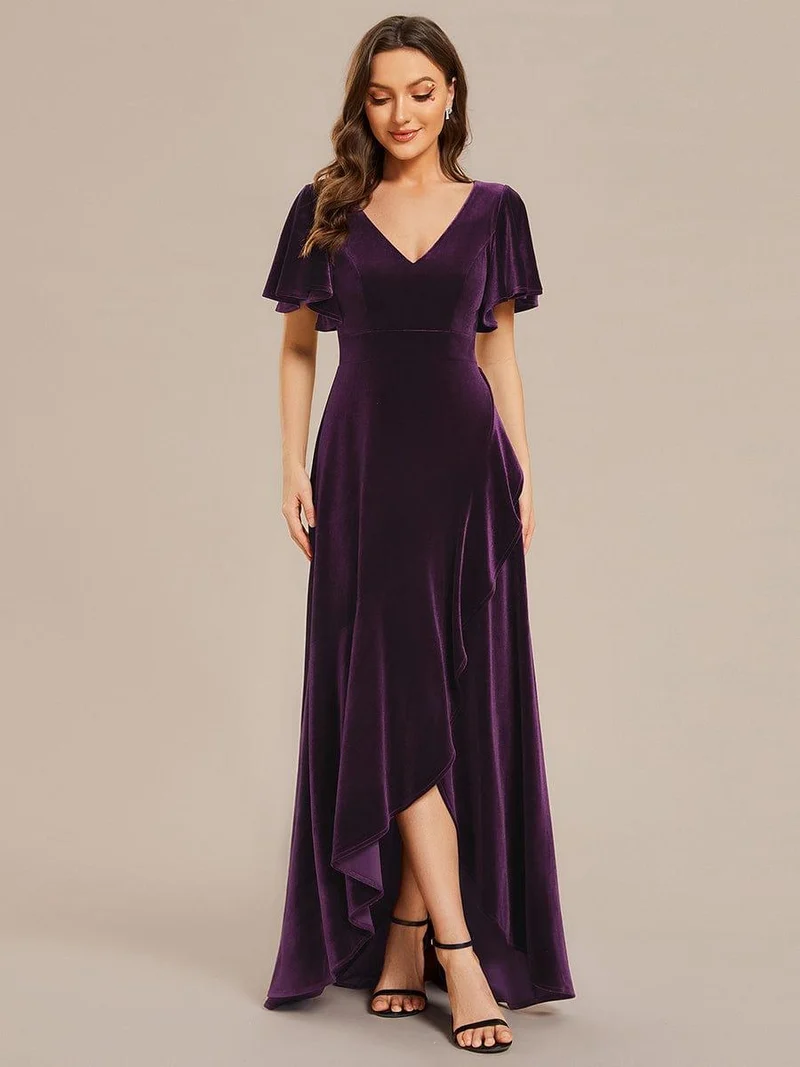 ever SYLVA|Robe de soirée en velours extensible à double col en V et manches courtes avec ourlet en feuille de lotus