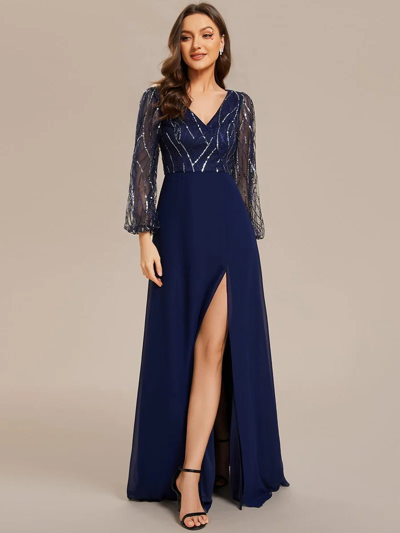 Robe de soirée trapèze en mousseline de soie transparente à paillettes manches longues fente haute(Vente finale)