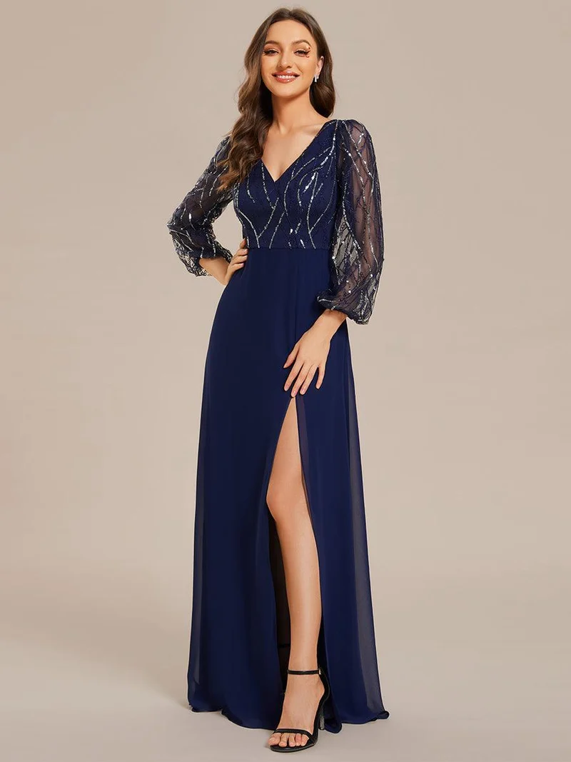 Robe de soirée trapèze en mousseline de soie transparente à paillettes manches longues fente haute(Vente finale)