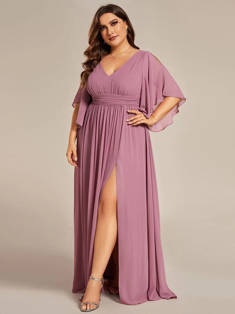 pretty ELYAN|Grande Taille Robe Curvy en mousseline plissée Col V manches mi-longues