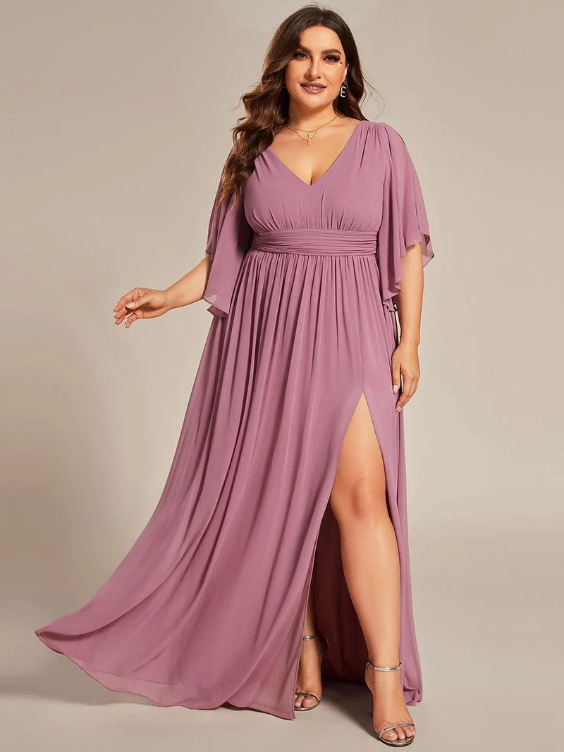 pretty ELYAN|Grande Taille Robe Curvy en mousseline plissée Col V manches mi-longues