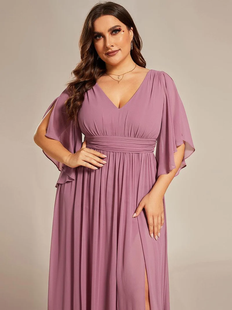 pretty ELYAN|Grande Taille Robe Curvy en mousseline plissée Col V manches mi-longues