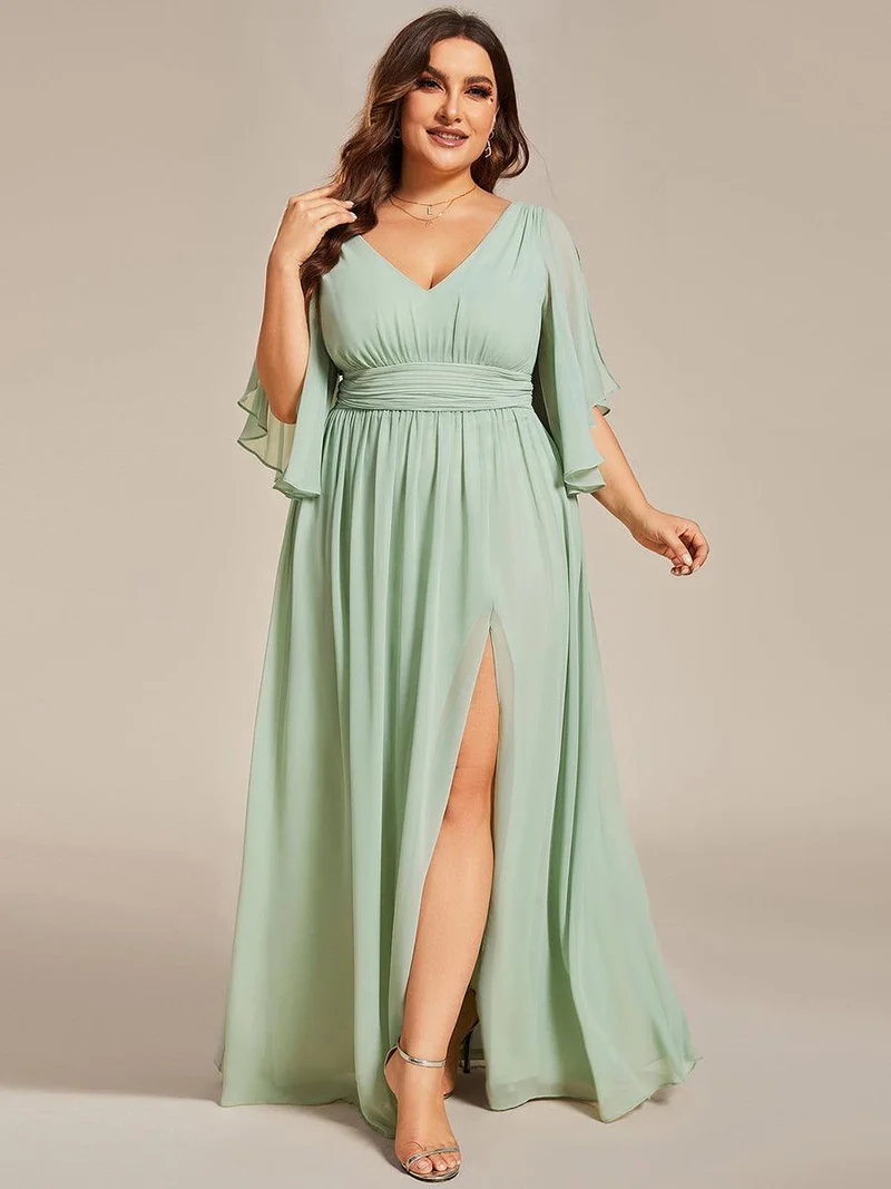 pretty ELYAN|Grande Taille Robe Curvy en mousseline plissée Col V manches mi-longues
