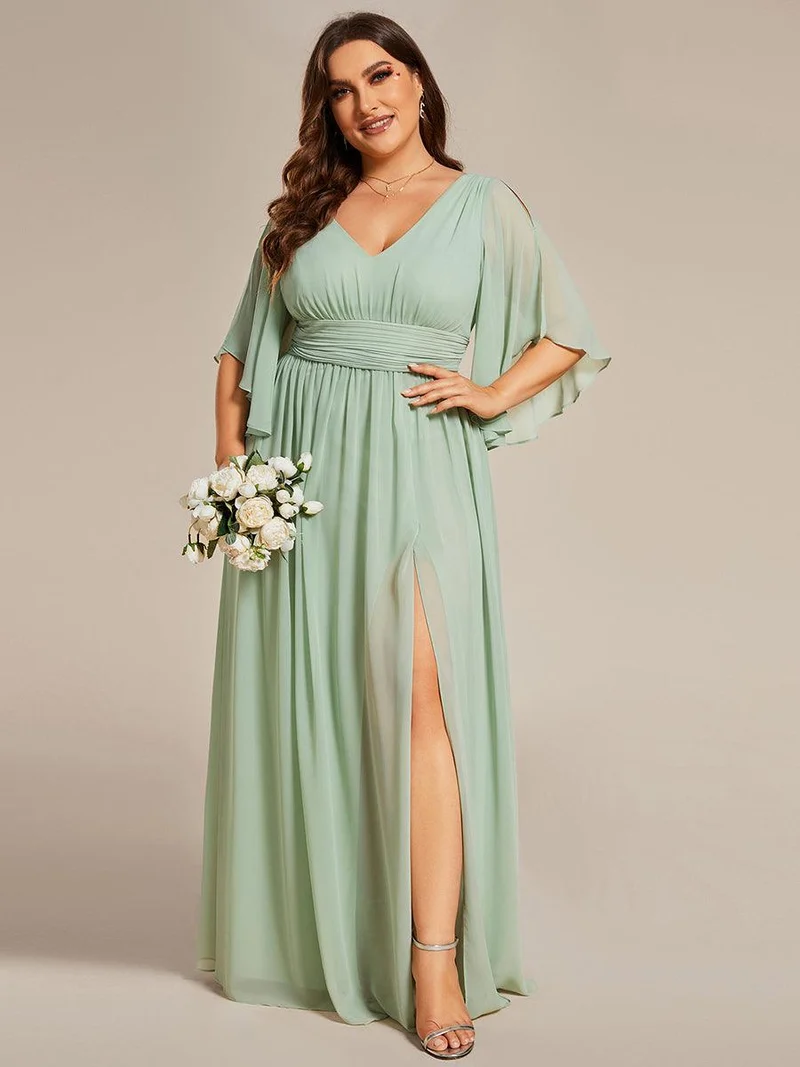 pretty ELYAN|Grande Taille Robe Curvy en mousseline plissée Col V manches mi-longues