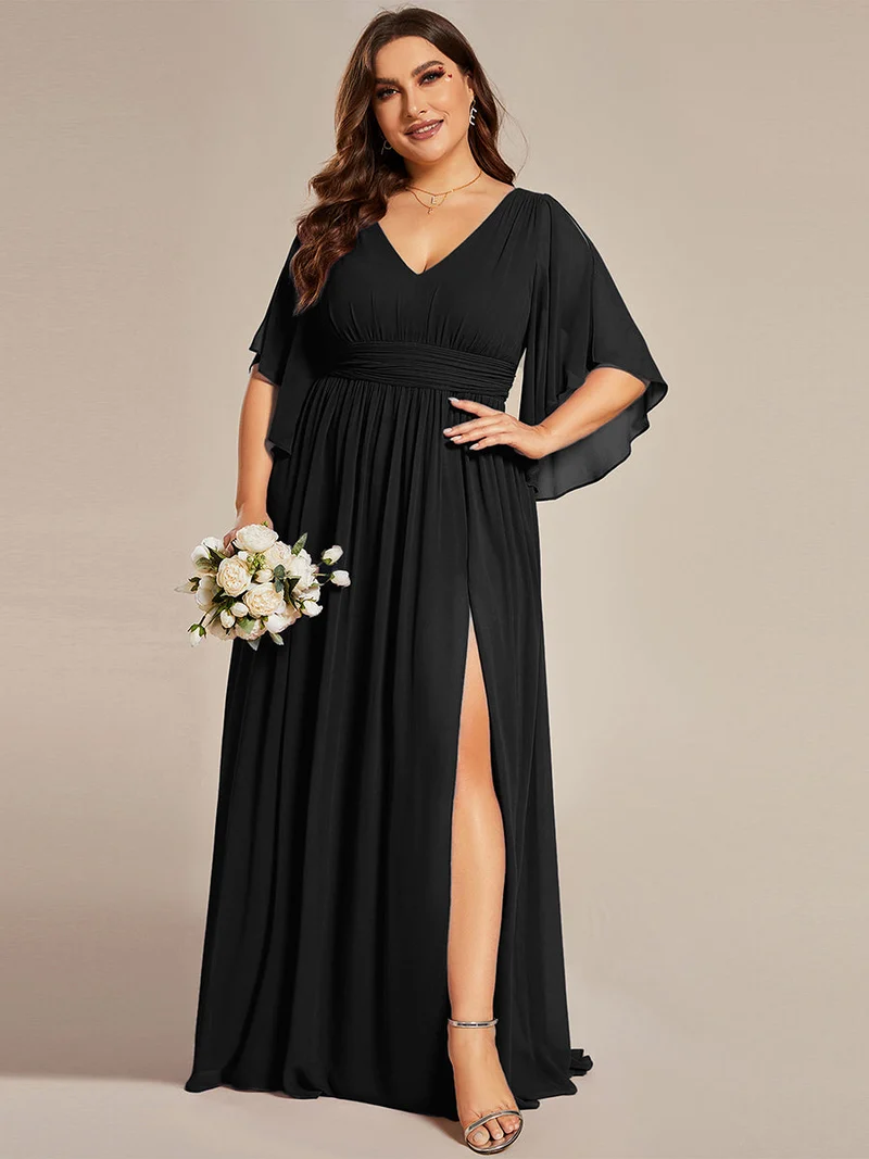 pretty ELYAN|Grande Taille Robe Curvy en mousseline plissée Col V manches mi-longues