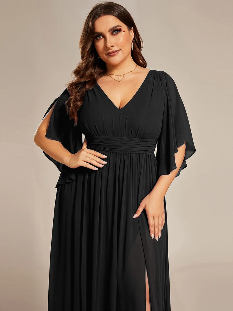 pretty ELYAN|Grande Taille Robe Curvy en mousseline plissée Col V manches mi-longues