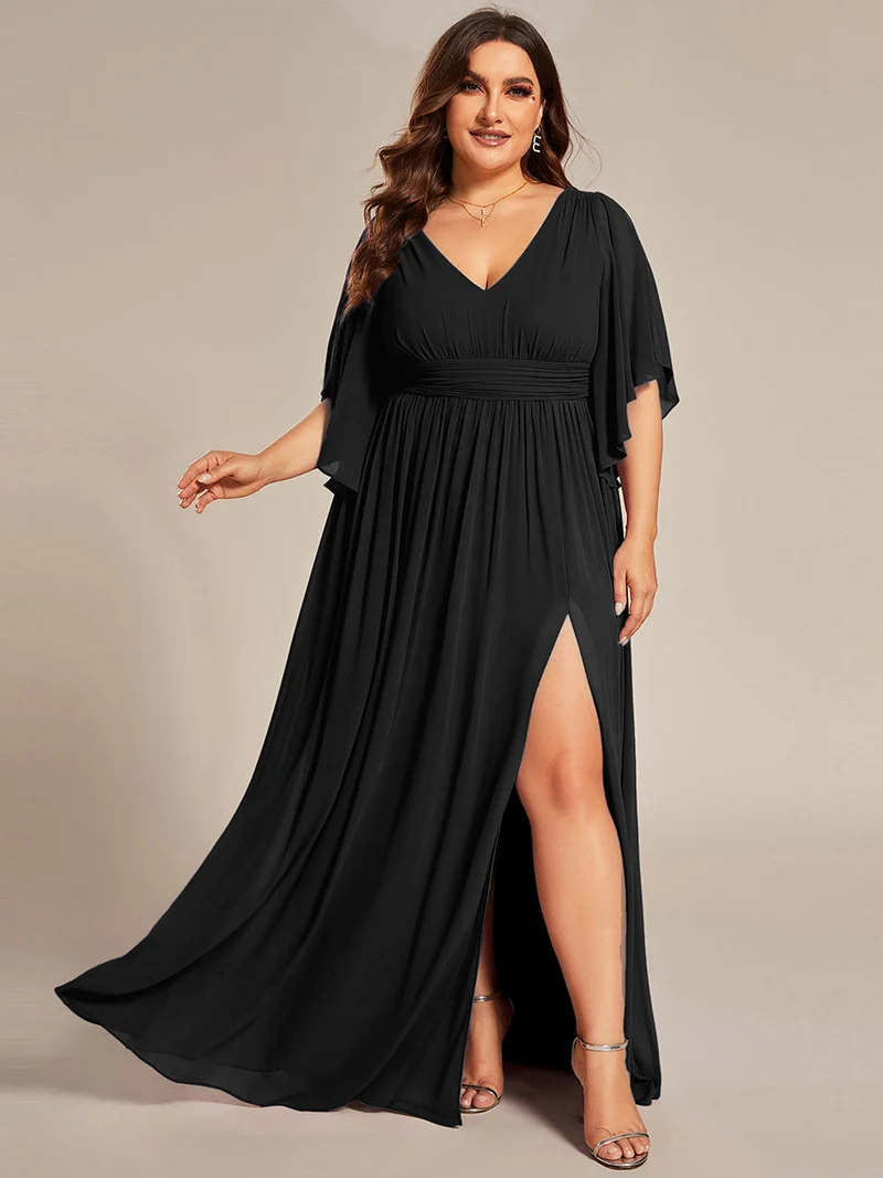 pretty ELYAN|Grande Taille Robe Curvy en mousseline plissée Col V manches mi-longues