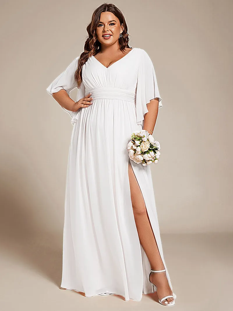 pretty ELYAN|Grande Taille Robe Curvy en mousseline plissée Col V manches mi-longues