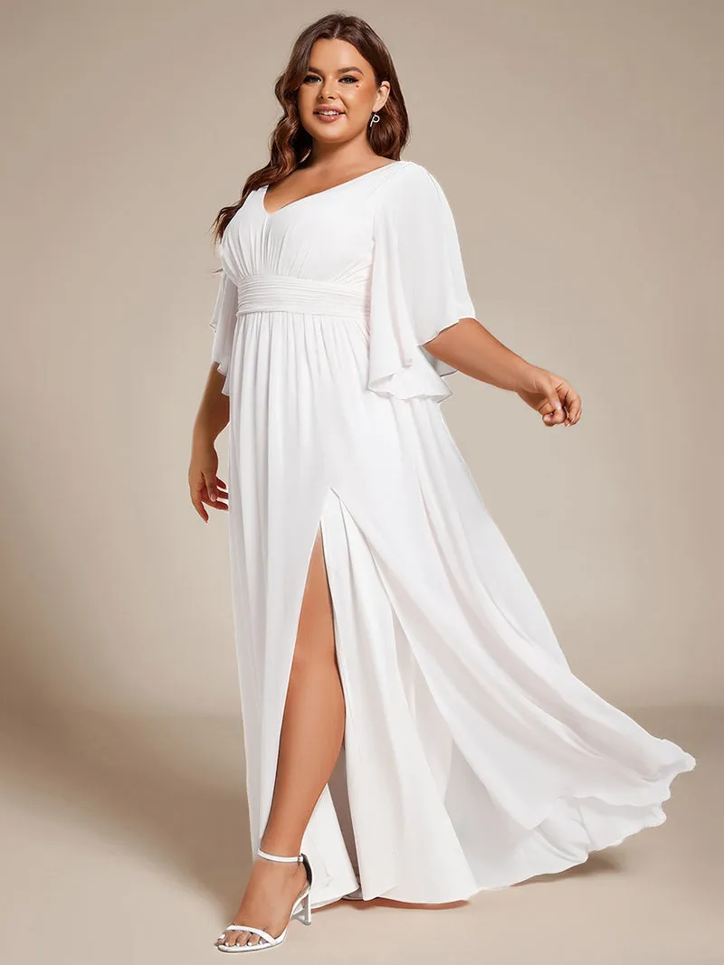 pretty ELYAN|Grande Taille Robe Curvy en mousseline plissée Col V manches mi-longues
