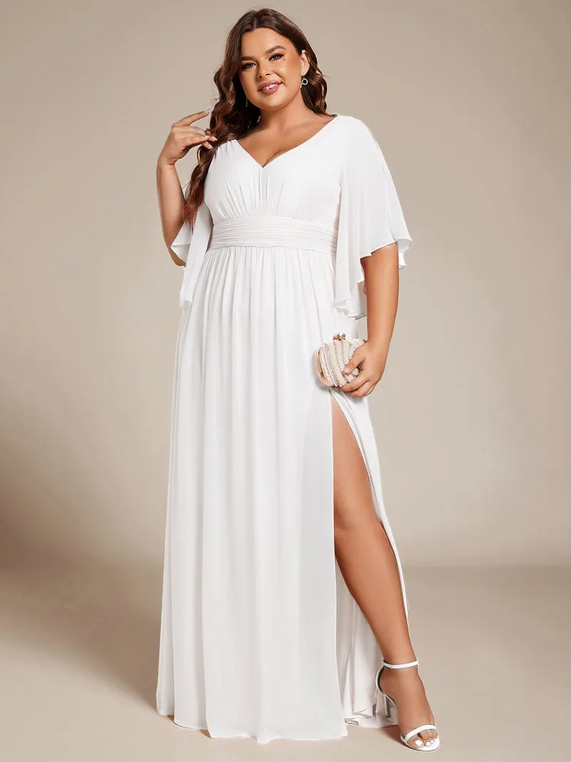 pretty ELYAN|Grande Taille Robe Curvy en mousseline plissée Col V manches mi-longues