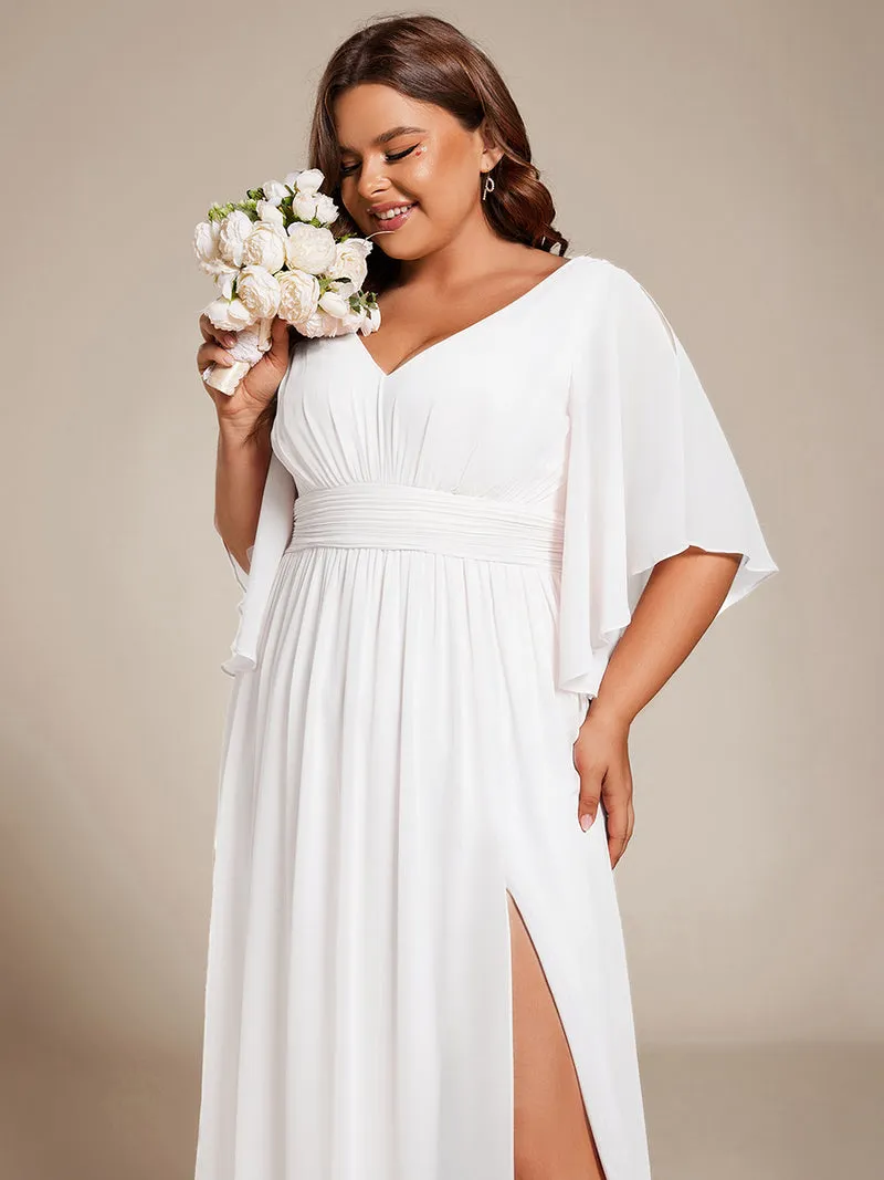 pretty ELYAN|Grande Taille Robe Curvy en mousseline plissée Col V manches mi-longues
