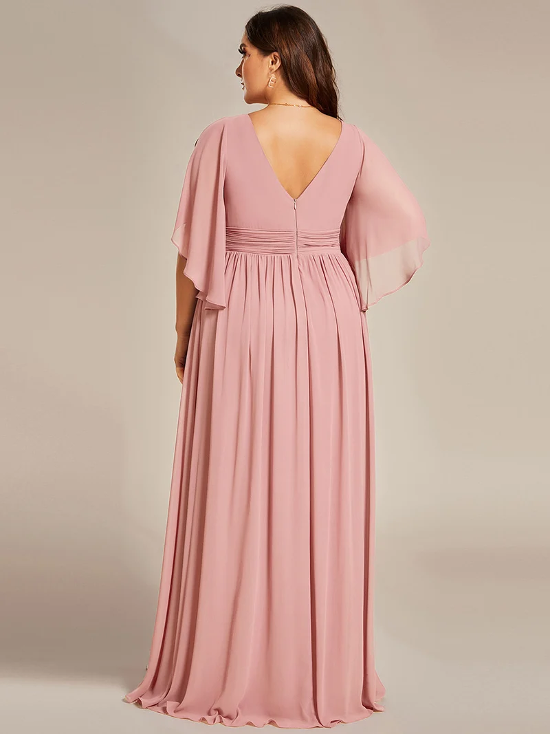 pretty ELYAN|Grande Taille Robe Curvy en mousseline plissée Col V manches mi-longues