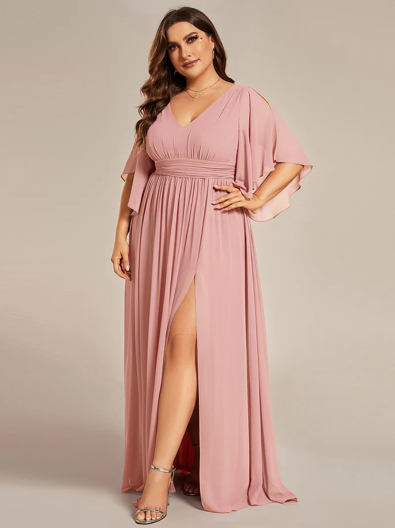 pretty ELYAN|Grande Taille Robe Curvy en mousseline plissée Col V manches mi-longues