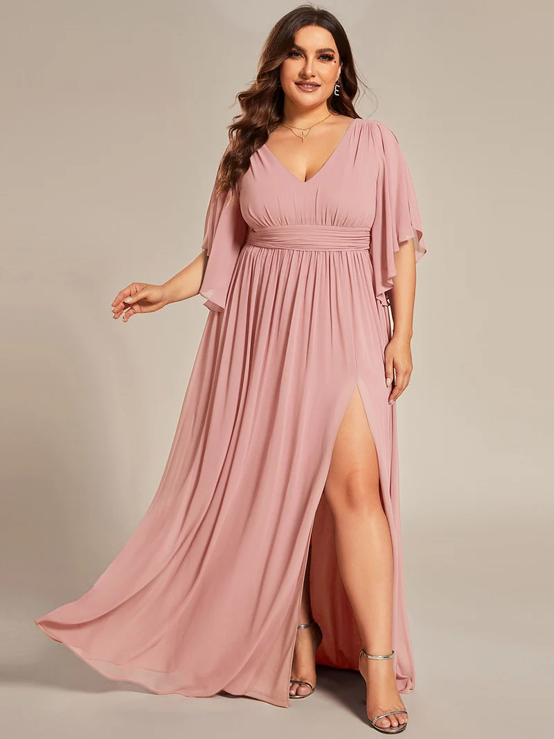 pretty ELYAN|Grande Taille Robe Curvy en mousseline plissée Col V manches mi-longues