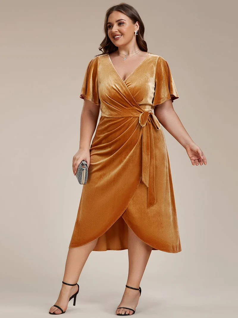 pretty LENNA|Robe d'invité de mariage grande taille mi-longue en velours type une pièce manches courtes col V (Vente finale)