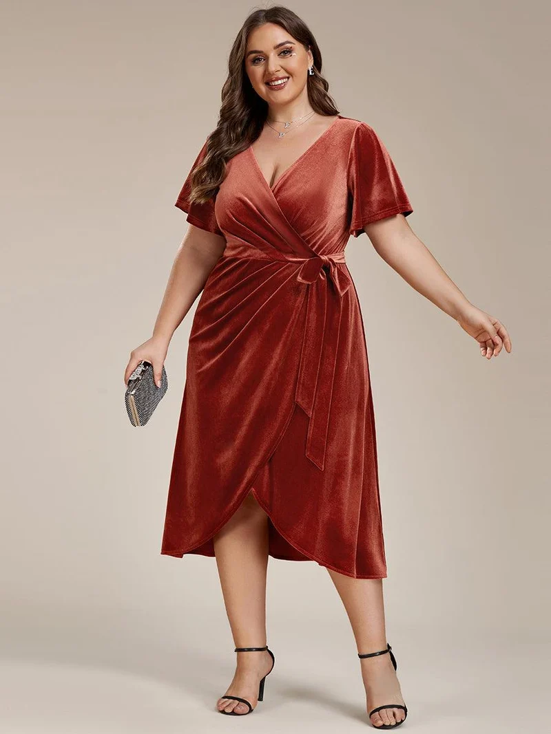 pretty LENNA|Robe d'invité de mariage grande taille mi-longue en velours type une pièce manches courtes col V (Vente finale)