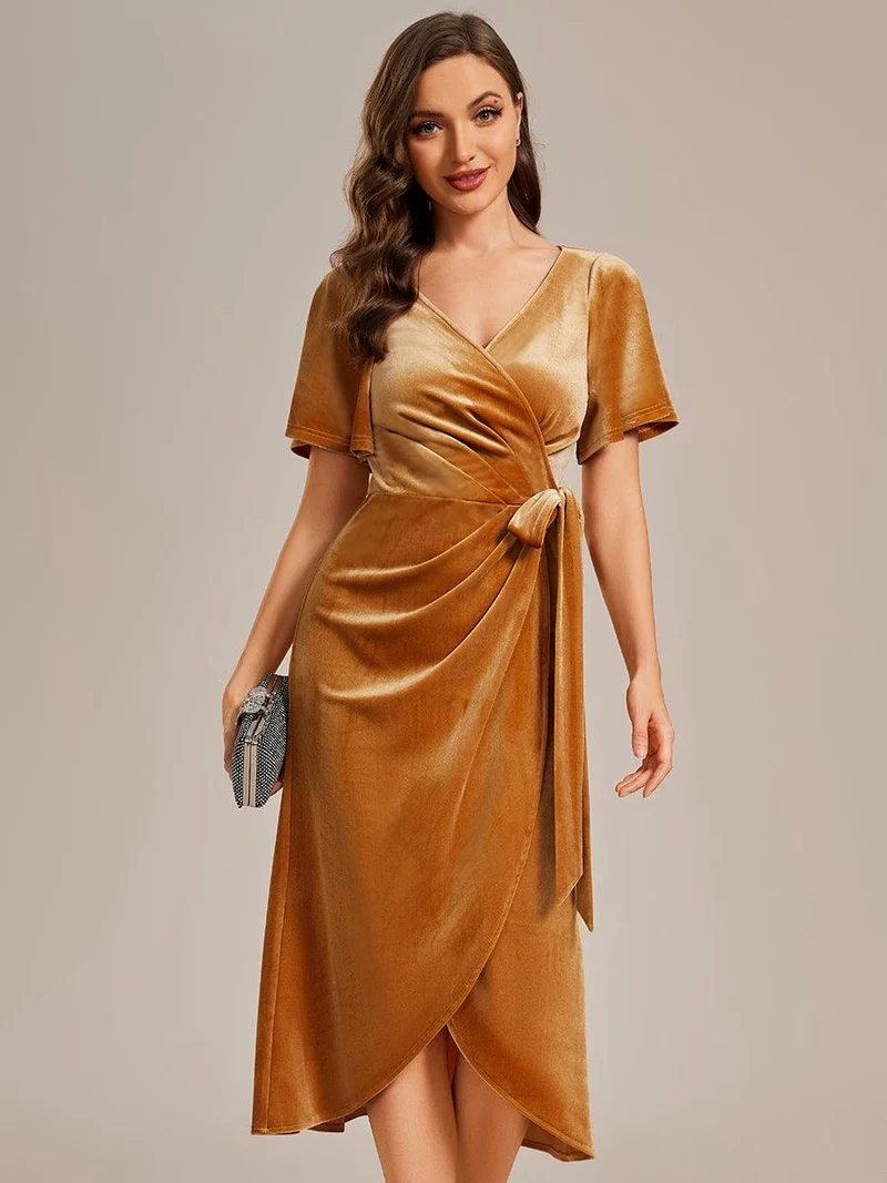 ever LENNA|Robe d'invité de mariage mi-longue en velours type une pièce manches courtes col en V (Vente finale)