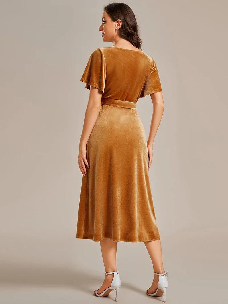 ever LENNA|Robe d'invité de mariage mi-longue en velours type une pièce manches courtes col en V (Vente finale)