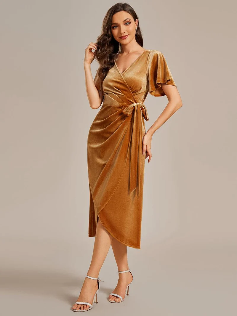 ever LENNA|Robe d'invité de mariage mi-longue en velours type une pièce manches courtes col en V (Vente finale)