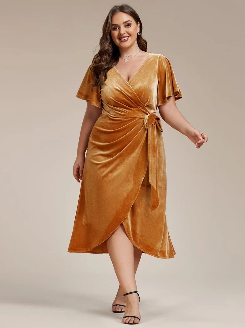 ever LENNA|Robe d'invité de mariage mi-longue en velours type une pièce manches courtes col en V (Vente finale)