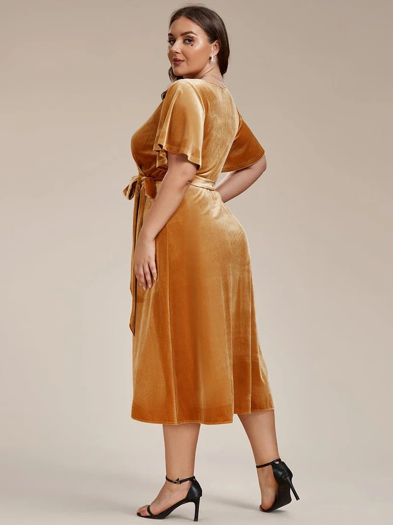 ever LENNA|Robe d'invité de mariage mi-longue en velours type une pièce manches courtes col en V (Vente finale)