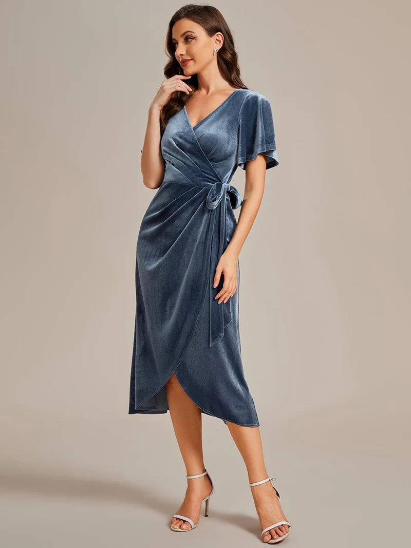 ever LENNA|Robe d'invité de mariage mi-longue en velours type une pièce manches courtes col en V (Vente finale)
