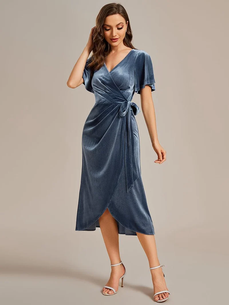 ever LENNA|Robe d'invité de mariage mi-longue en velours type une pièce manches courtes col en V (Vente finale)