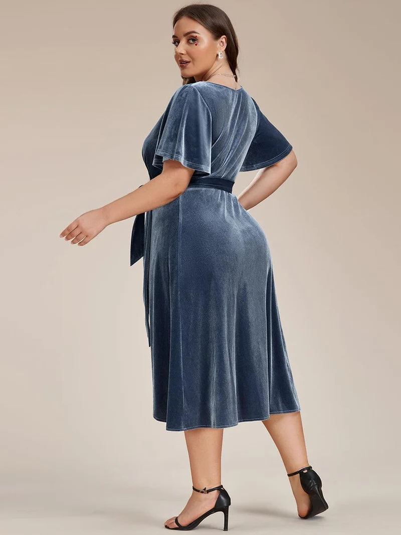 ever LENNA|Robe d'invité de mariage mi-longue en velours type une pièce manches courtes col en V (Vente finale)