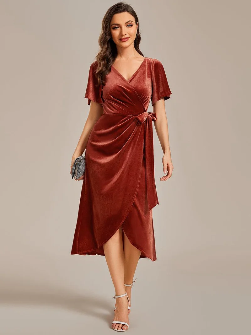 ever LENNA|Robe d'invité de mariage mi-longue en velours type une pièce manches courtes col en V (Vente finale)