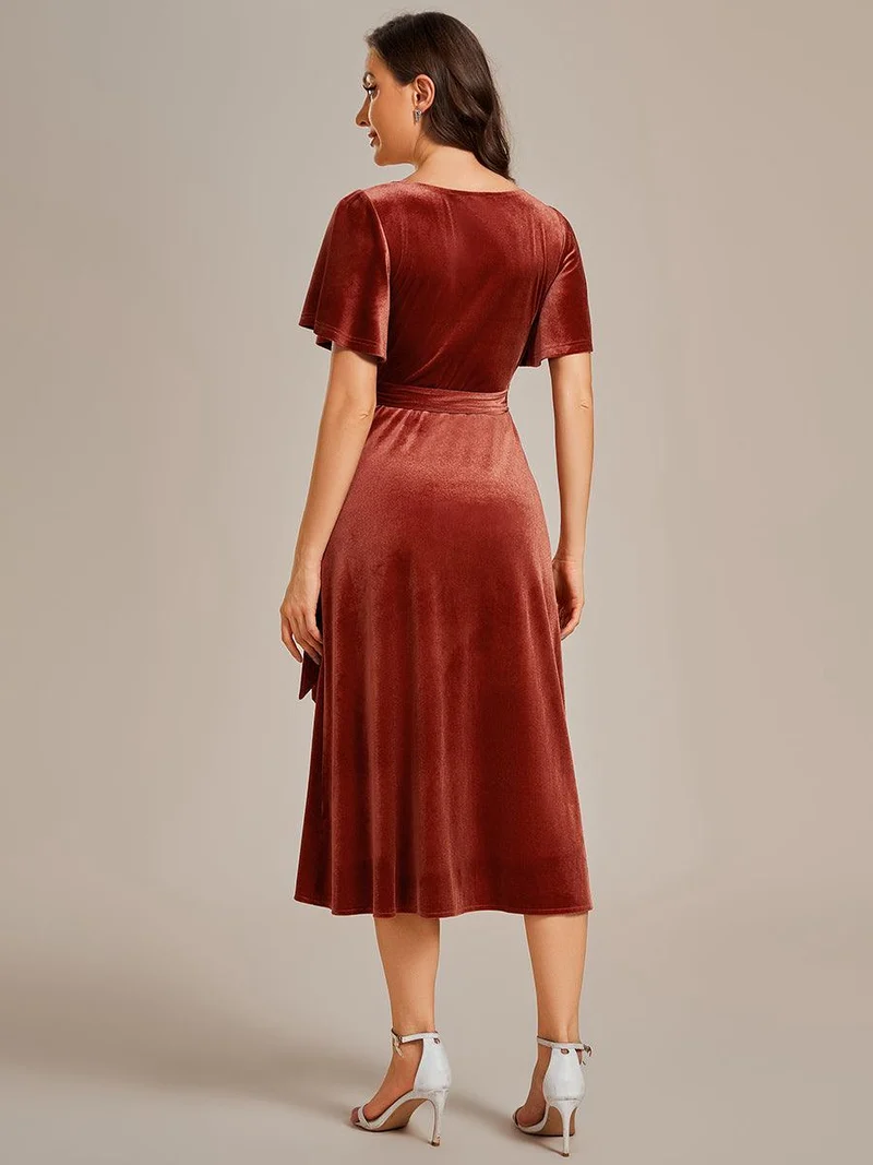 ever LENNA|Robe d'invité de mariage mi-longue en velours type une pièce manches courtes col en V (Vente finale)