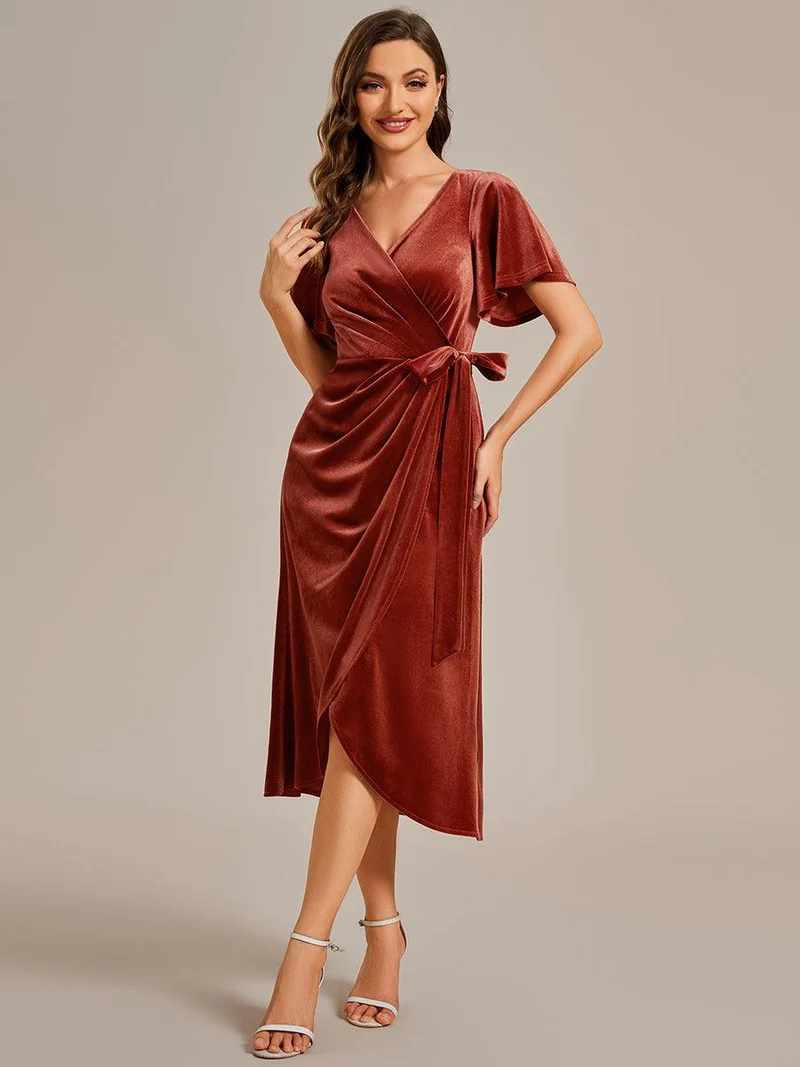 ever LENNA|Robe d'invité de mariage mi-longue en velours type une pièce manches courtes col en V (Vente finale)