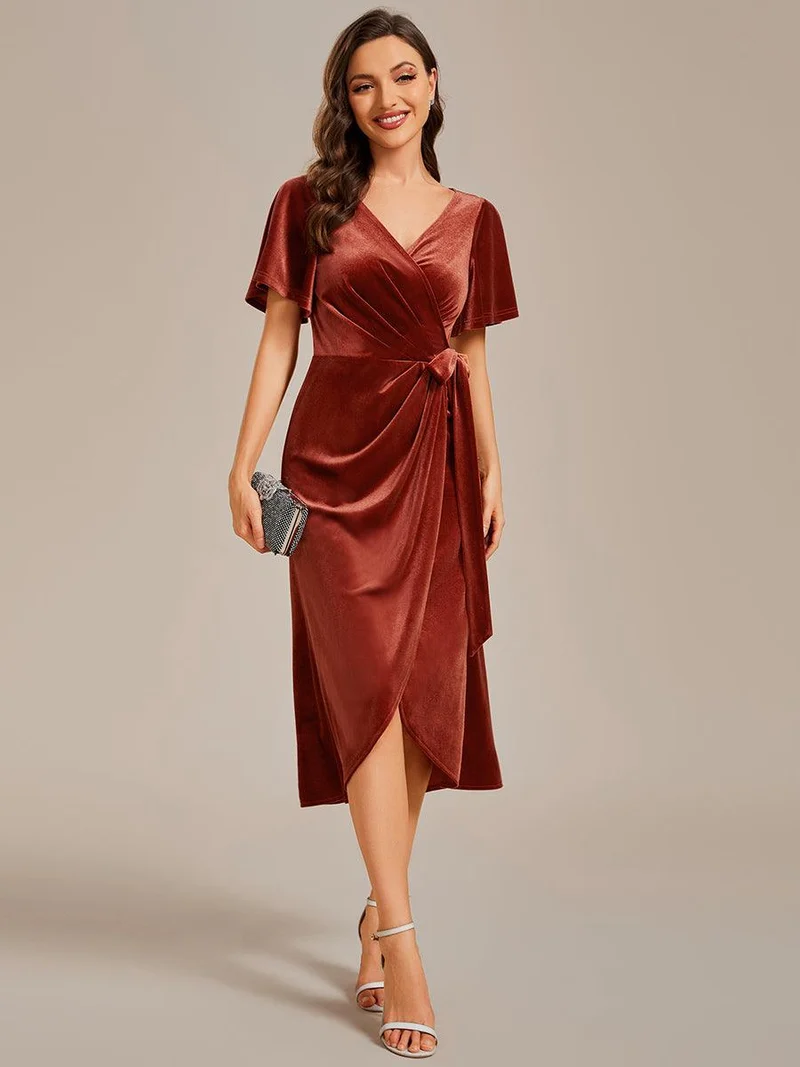 ever LENNA|Robe d'invité de mariage mi-longue en velours type une pièce manches courtes col en V (Vente finale)