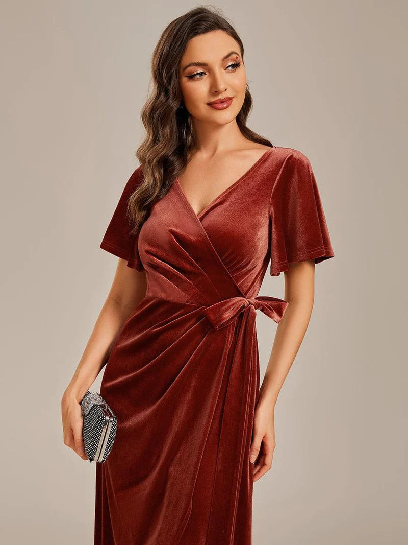 ever LENNA|Robe d'invité de mariage mi-longue en velours type une pièce manches courtes col en V (Vente finale)