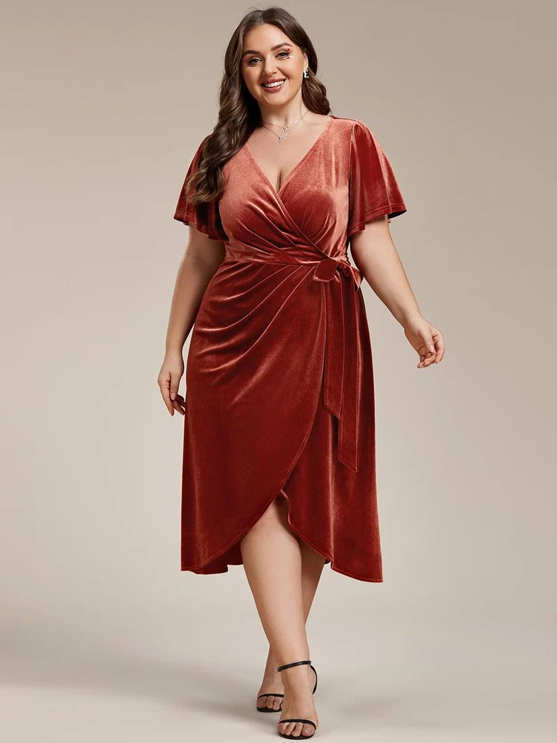 ever LENNA|Robe d'invité de mariage mi-longue en velours type une pièce manches courtes col en V (Vente finale)