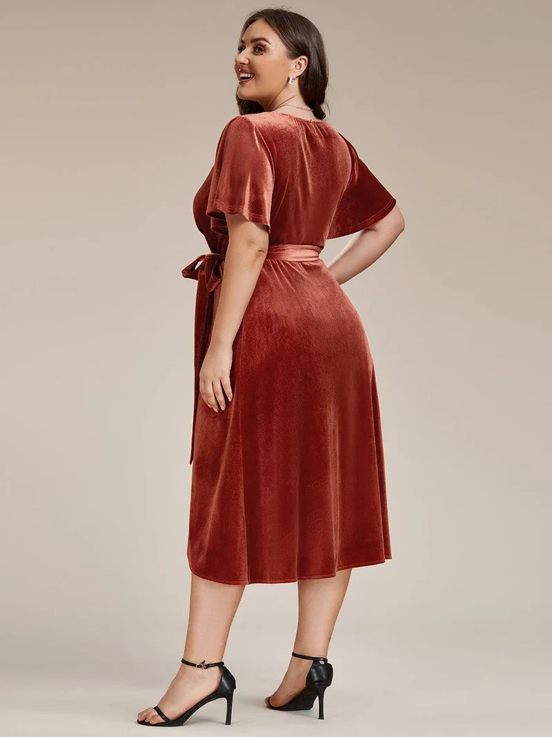 ever LENNA|Robe d'invité de mariage mi-longue en velours type une pièce manches courtes col en V (Vente finale)