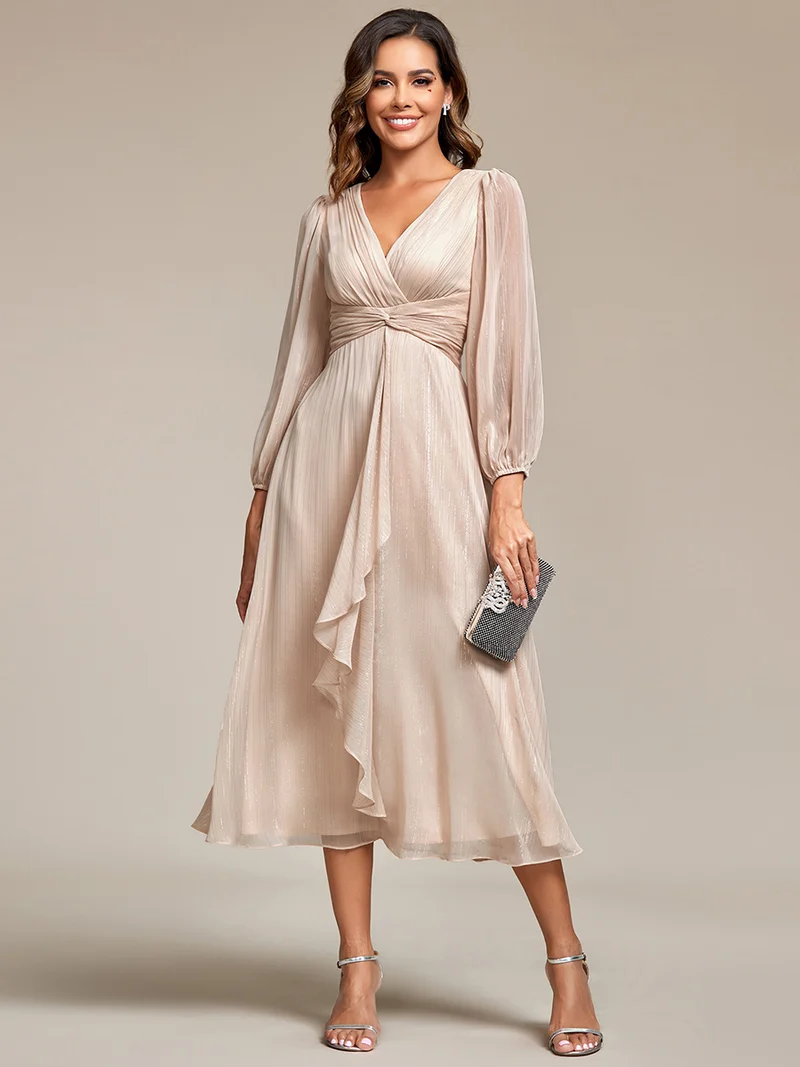 ever EMBER|Robe de soirée trapèze scintillante à manches longues et col en V en mousseline de soie avec torsadé(Vente finale)