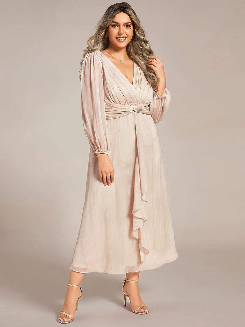 ever EMBER|Robe de soirée trapèze scintillante à manches longues et col en V en mousseline de soie avec torsadé(Vente finale)