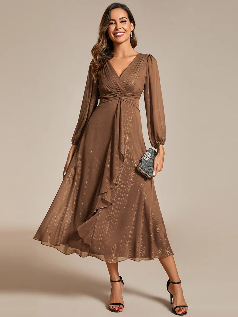 ever EMBER|Robe de soirée trapèze scintillante à manches longues et col en V en mousseline de soie avec torsadé(Vente finale)