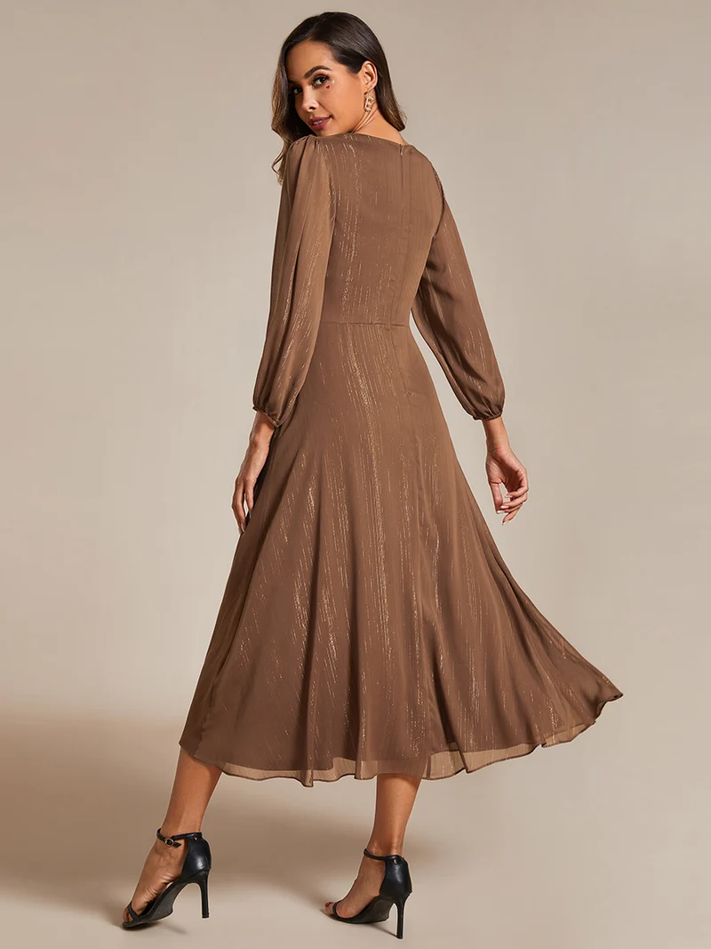 ever EMBER|Robe de soirée trapèze scintillante à manches longues et col en V en mousseline de soie avec torsadé(Vente finale)