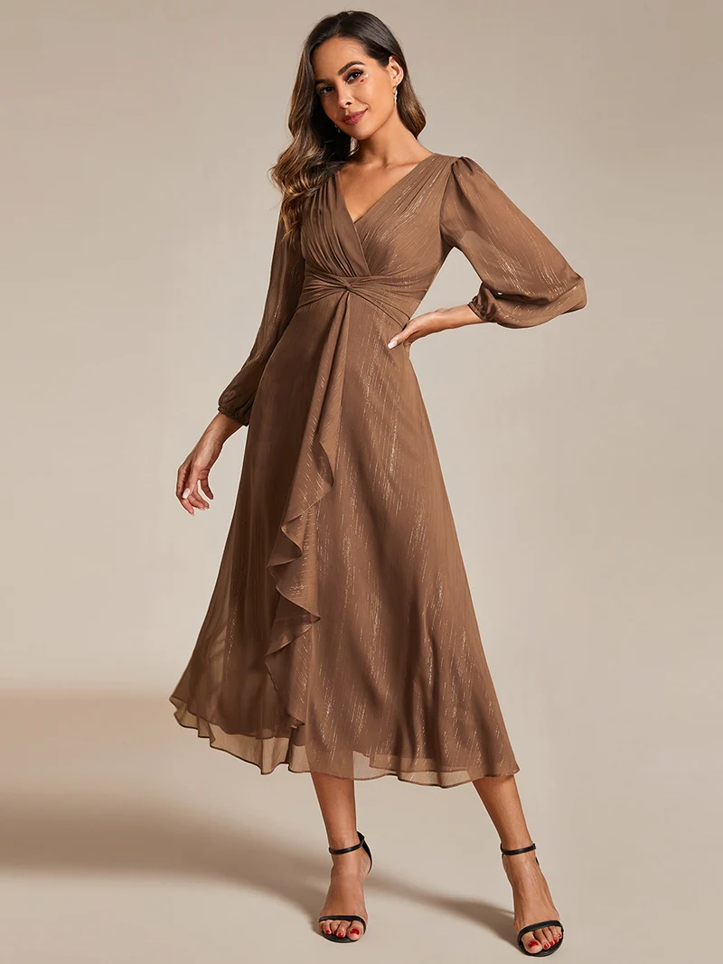 ever EMBER|Robe de soirée trapèze scintillante à manches longues et col en V en mousseline de soie avec torsadé(Vente finale)
