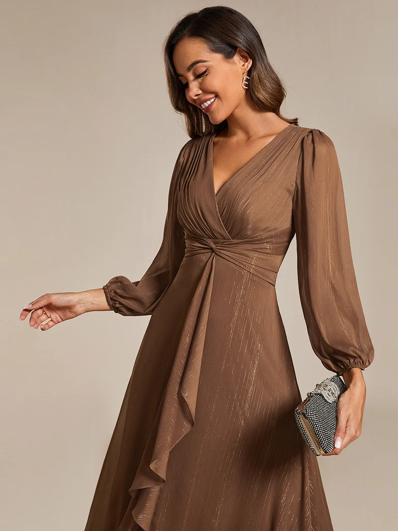 ever EMBER|Robe de soirée trapèze scintillante à manches longues et col en V en mousseline de soie avec torsadé(Vente finale)