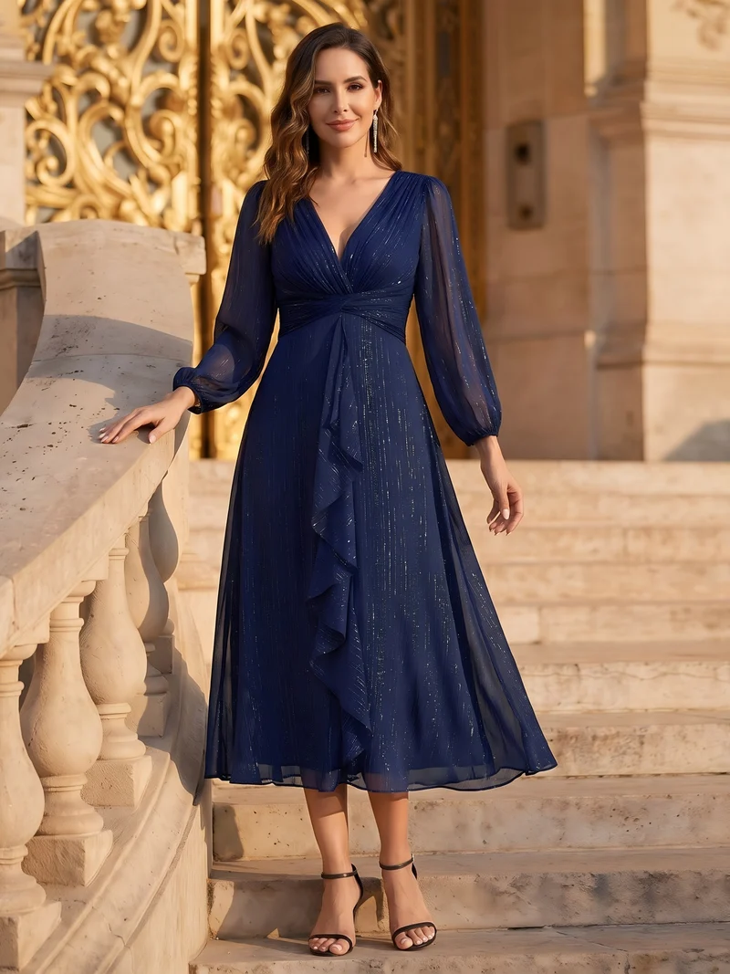 ever EMBER|Robe de soirée trapèze scintillante à manches longues et col en V en mousseline de soie avec torsadé(Vente finale)