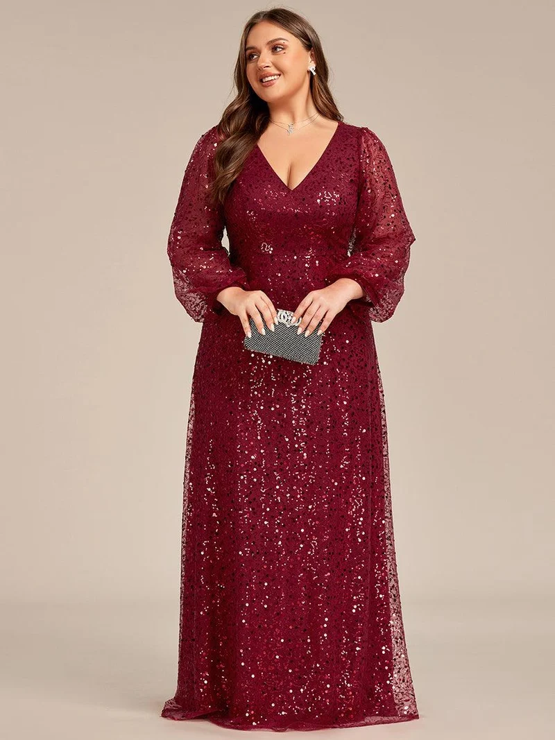 pretty RAYVEN|Robe de soirée grande taille trapèze à paillettes col V manches longues et paillettes