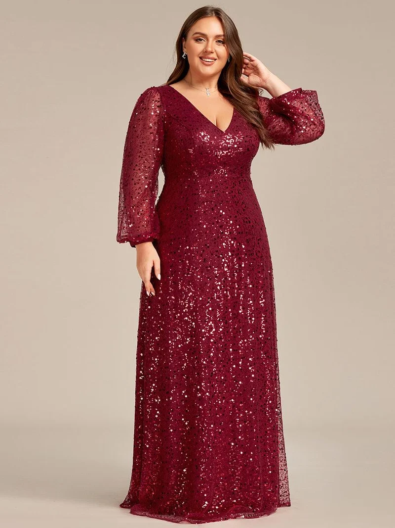 pretty RAYVEN|Robe de soirée grande taille trapèze à paillettes col V manches longues et paillettes