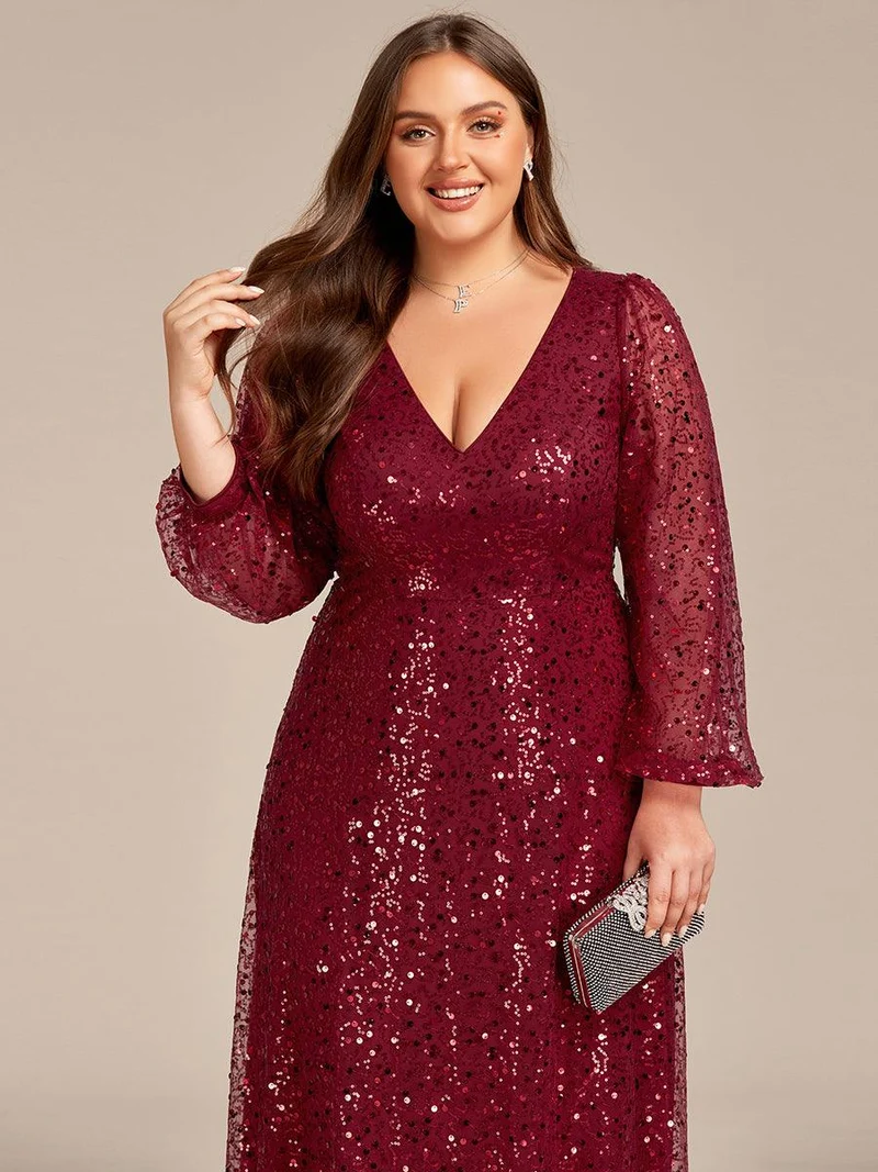 pretty RAYVEN|Robe de soirée grande taille trapèze à paillettes col V manches longues et paillettes