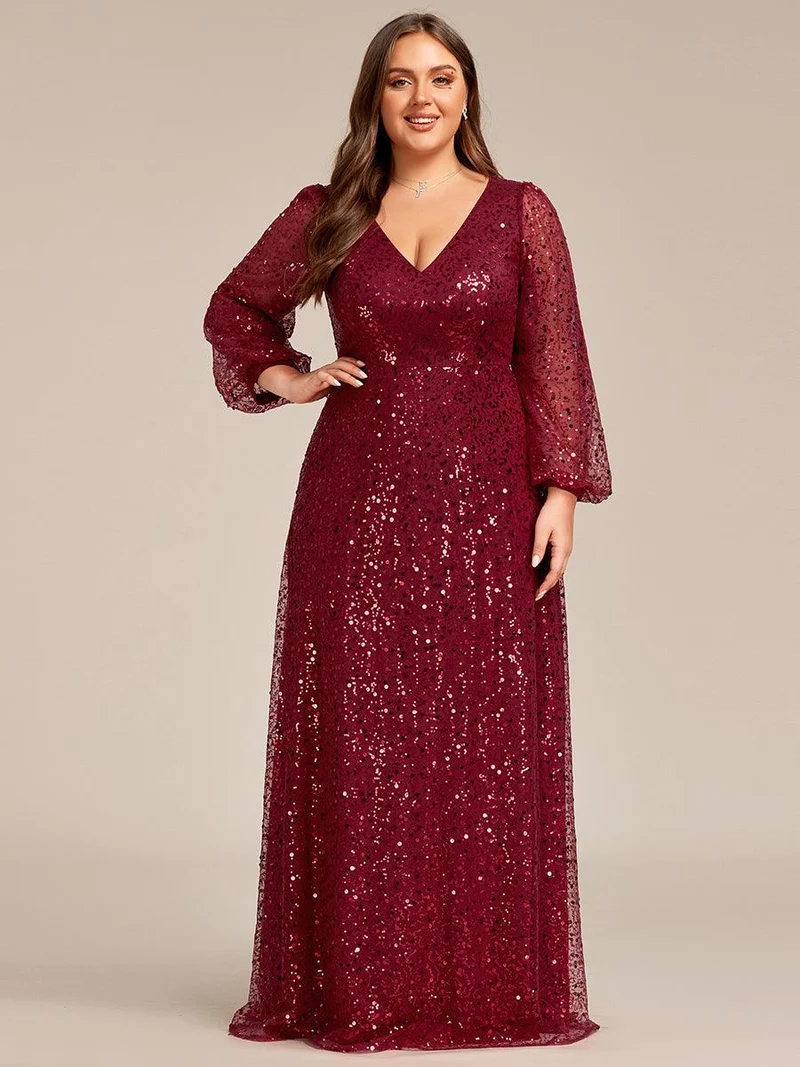 pretty RAYVEN|Robe de soirée grande taille trapèze à paillettes col V manches longues et paillettes