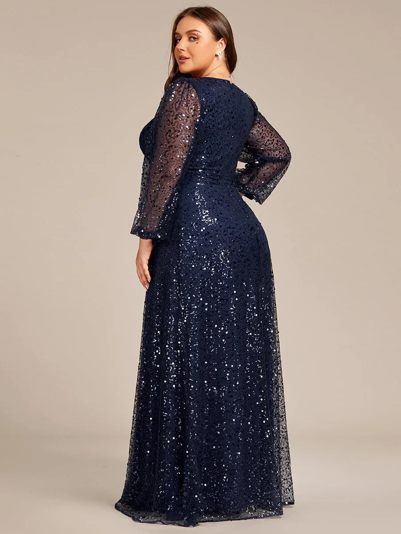 pretty RAYVEN|Robe de soirée grande taille trapèze à paillettes col V manches longues et paillettes