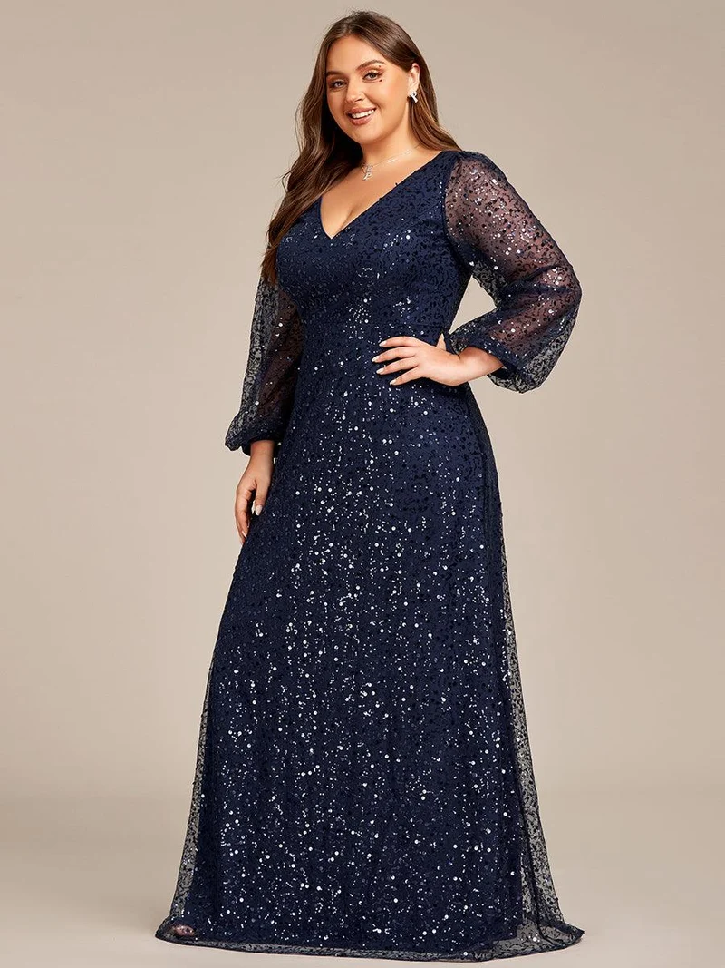 pretty RAYVEN|Robe de soirée grande taille trapèze à paillettes col V manches longues et paillettes
