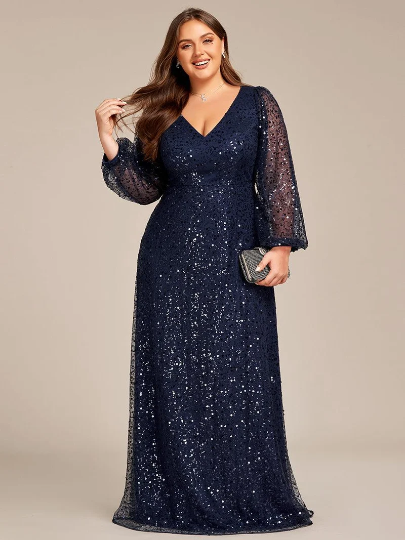 pretty RAYVEN|Robe de soirée grande taille trapèze à paillettes col V manches longues et paillettes