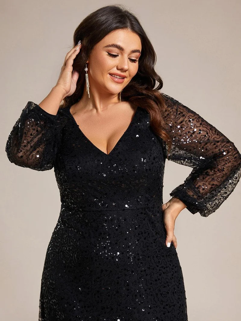 pretty RAYVEN|Robe de soirée grande taille trapèze à paillettes col V manches longues et paillettes